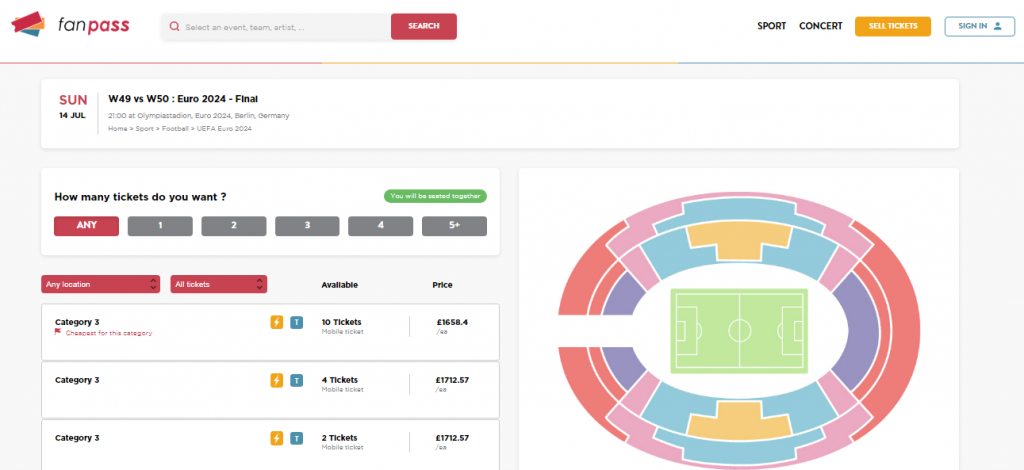 Event ticket selection on FanPass marketplace platform.