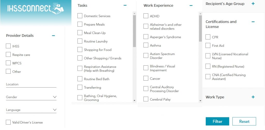 IHSS Connect dropdown filter navigation structure