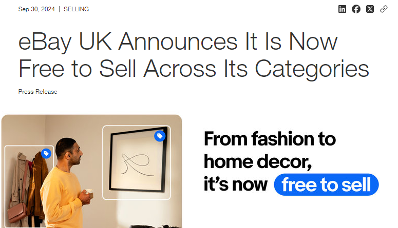 eBay UK Announces It Is Now Free to Sell Across Its Categories