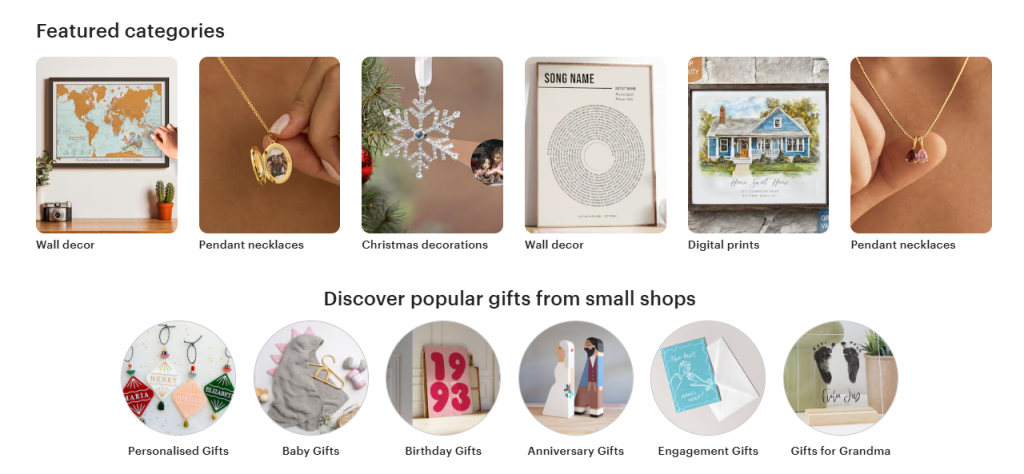 Etsy's product categories emphasise small sellers